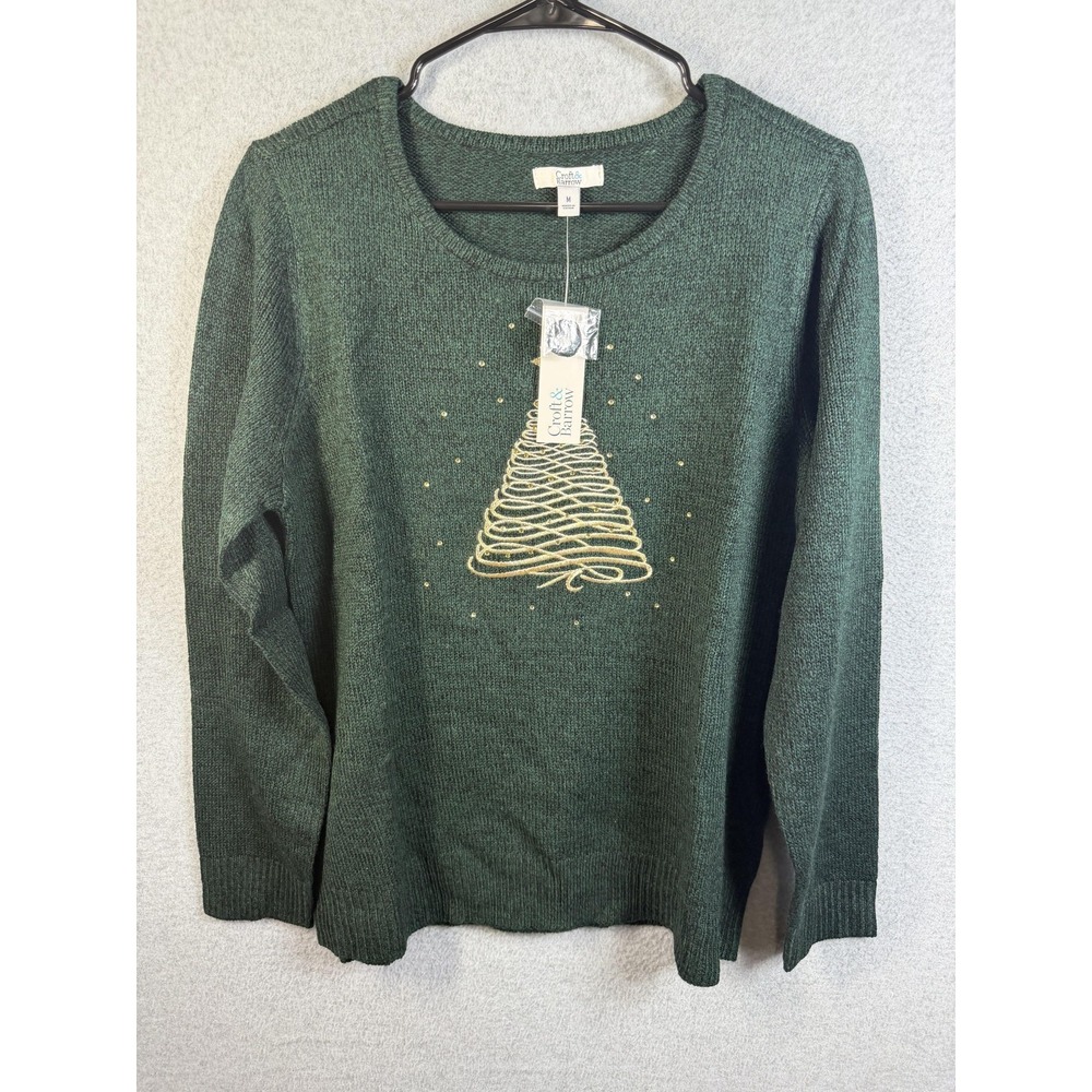 Croft & Barrow Sweater‎ Womens Medium Green Christmas Tree Knit Pullover Studded